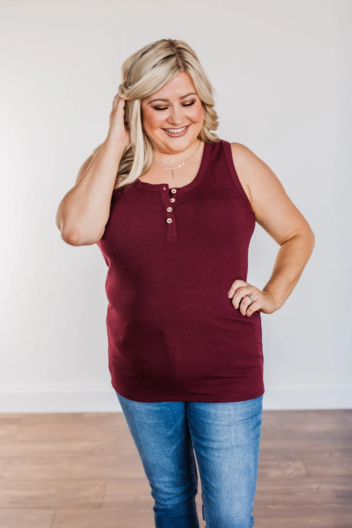 In My Feelings Henley Tank Top- Burgundy