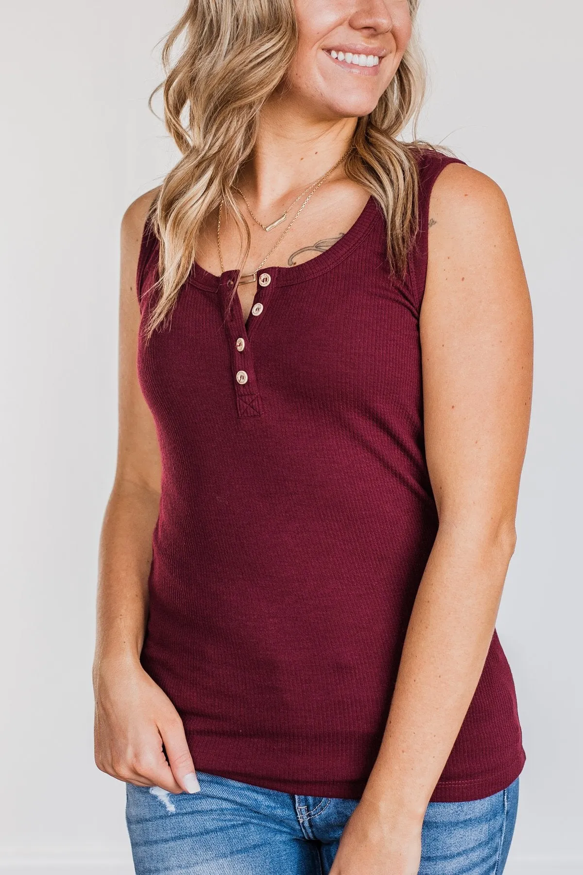 In My Feelings Henley Tank Top- Burgundy