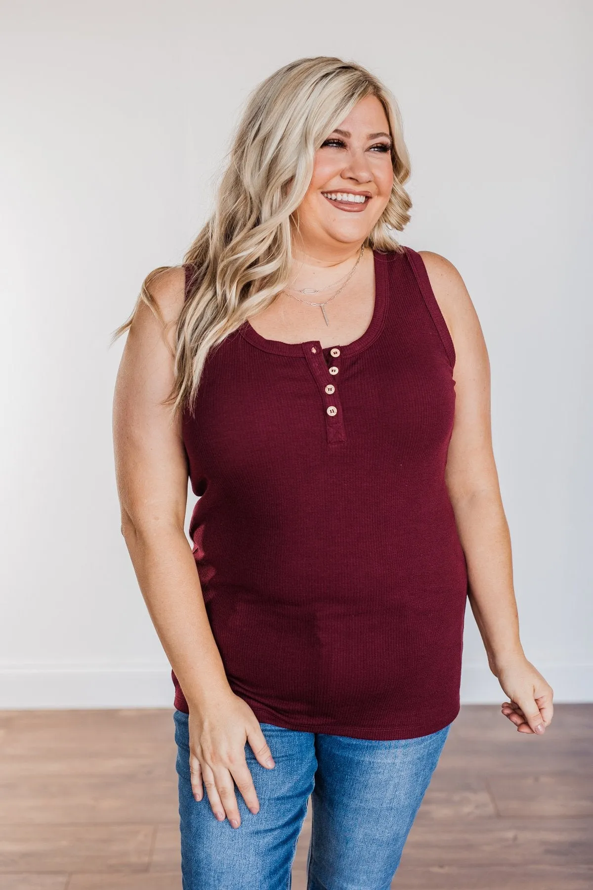 In My Feelings Henley Tank Top- Burgundy