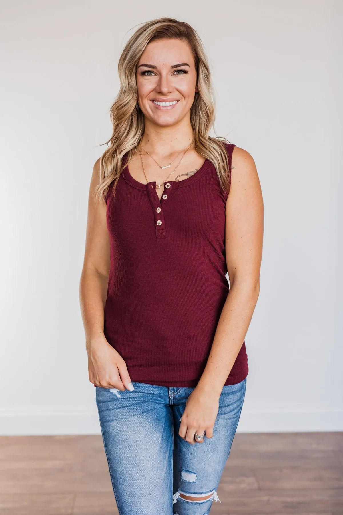 In My Feelings Henley Tank Top- Burgundy