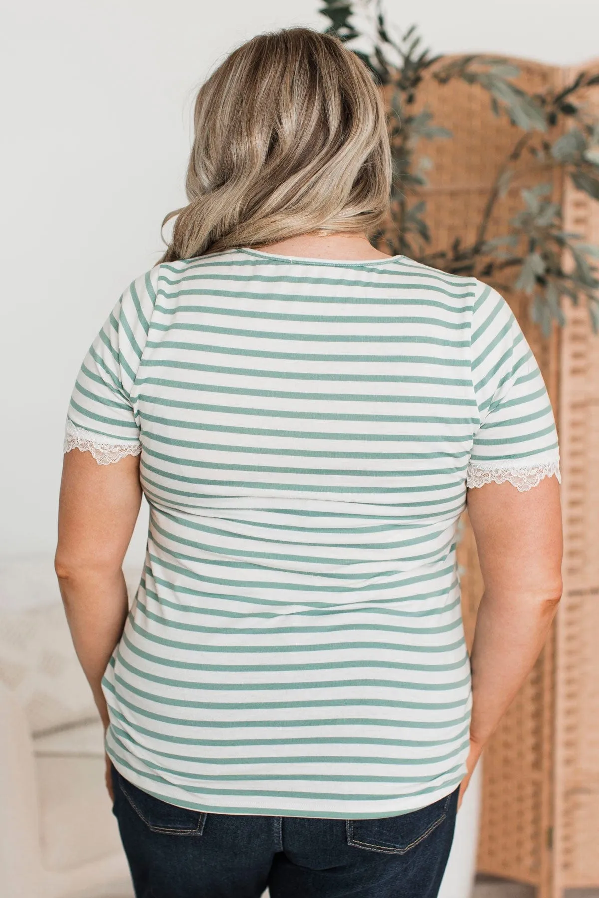 Just The Sweetest Striped Lace Top- Mint & White