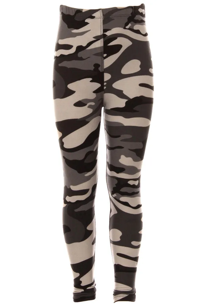 Kid's Grey Olive Military Camouflage Pattern Printed Leggings