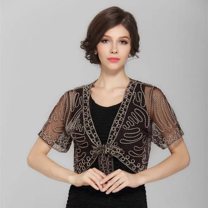 Lace Hook Flower Vintage Sheer Bolero Shawl Coat Summer See-Through Short Sleeve Embroidery Thin Mesh Shrug