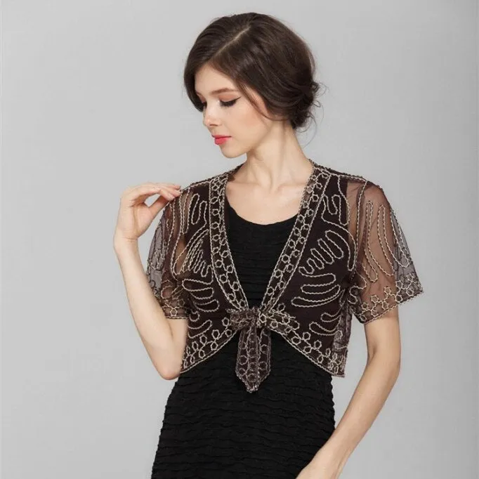 Lace Hook Flower Vintage Sheer Bolero Shawl Coat Summer See-Through Short Sleeve Embroidery Thin Mesh Shrug