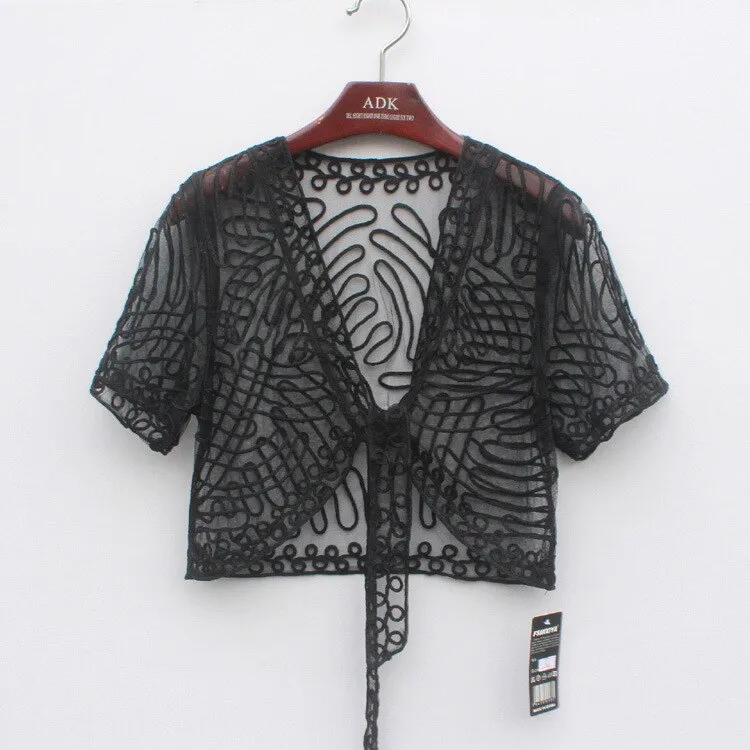 Lace Hook Flower Vintage Sheer Bolero Shawl Coat Summer See-Through Short Sleeve Embroidery Thin Mesh Shrug