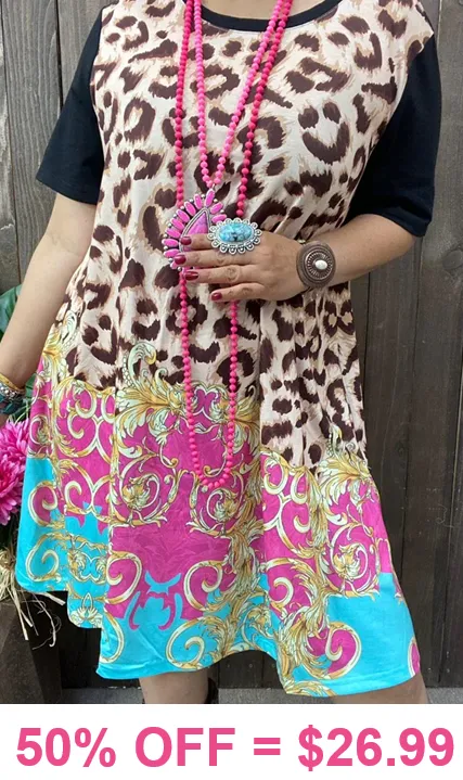 Leopard Dress with pink, turquoise, & gold scroll