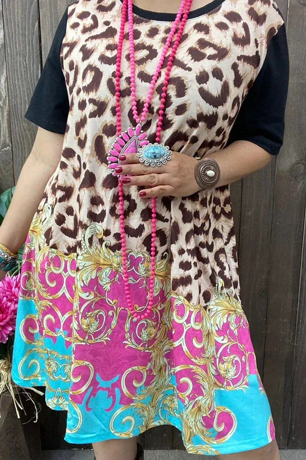 Leopard Dress with pink, turquoise, & gold scroll