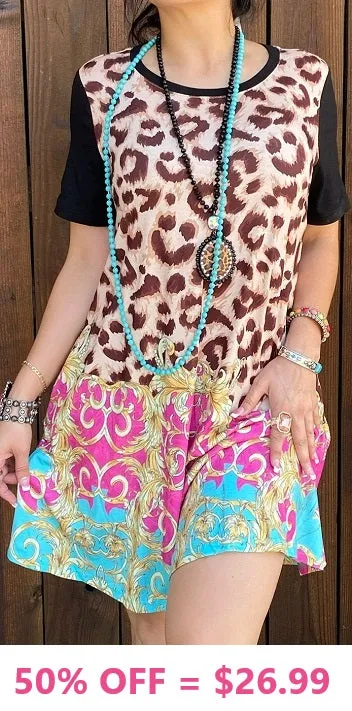 Leopard Dress with pink, turquoise, & gold scroll