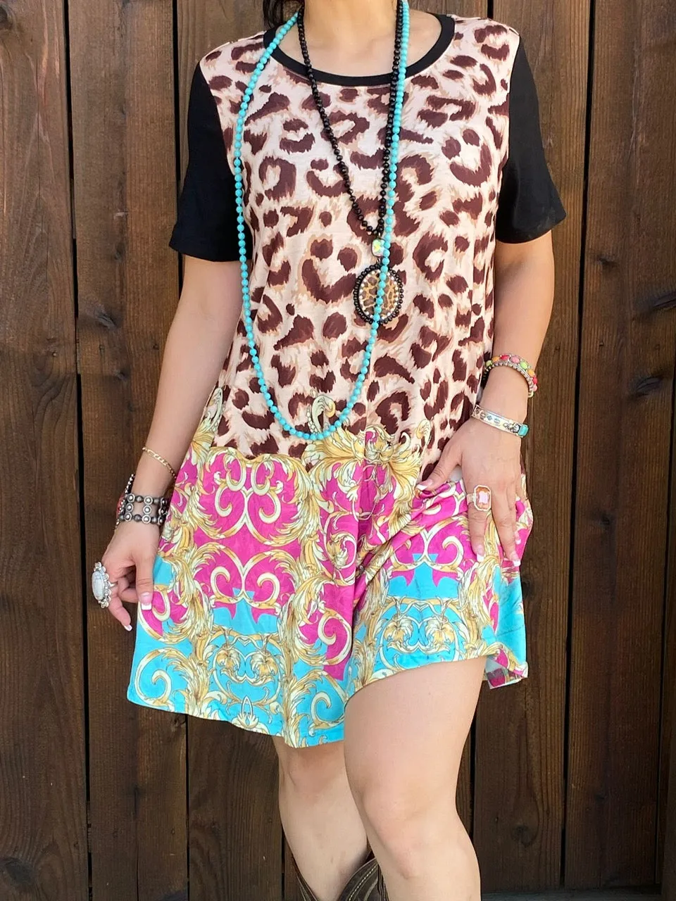 Leopard Dress with pink, turquoise, & gold scroll