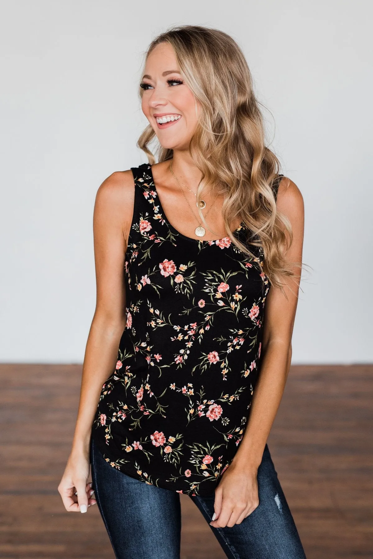 Let's Begin Again Floral Tank Top- Black