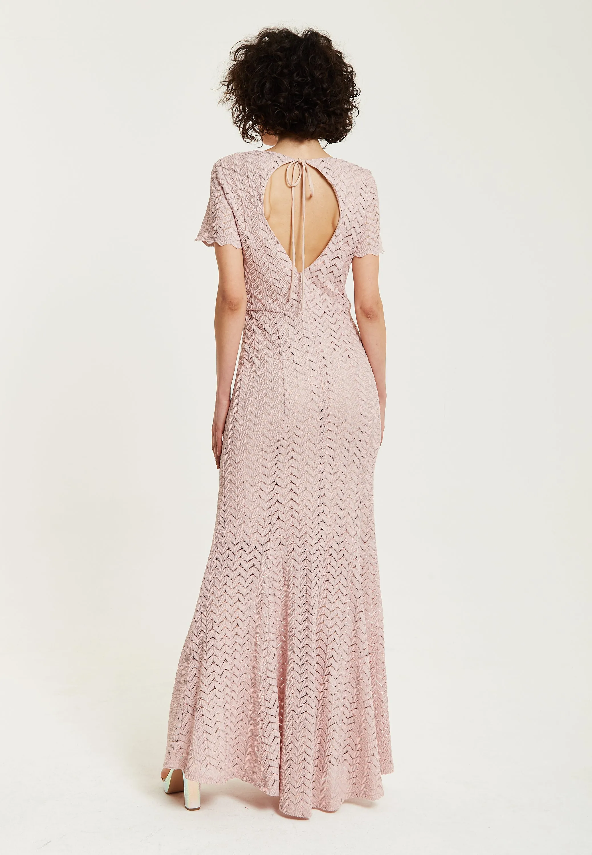 Liquorish Light Pink Lace Maxi Dress With Open Back Detail