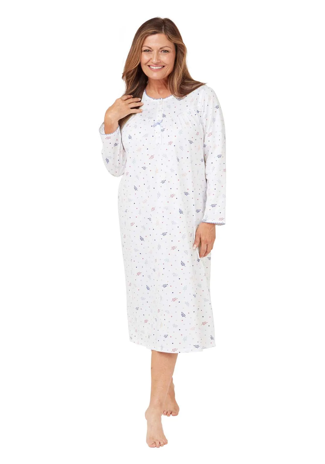 Long Sleeve Leaf Cotton Night Dress - Blue