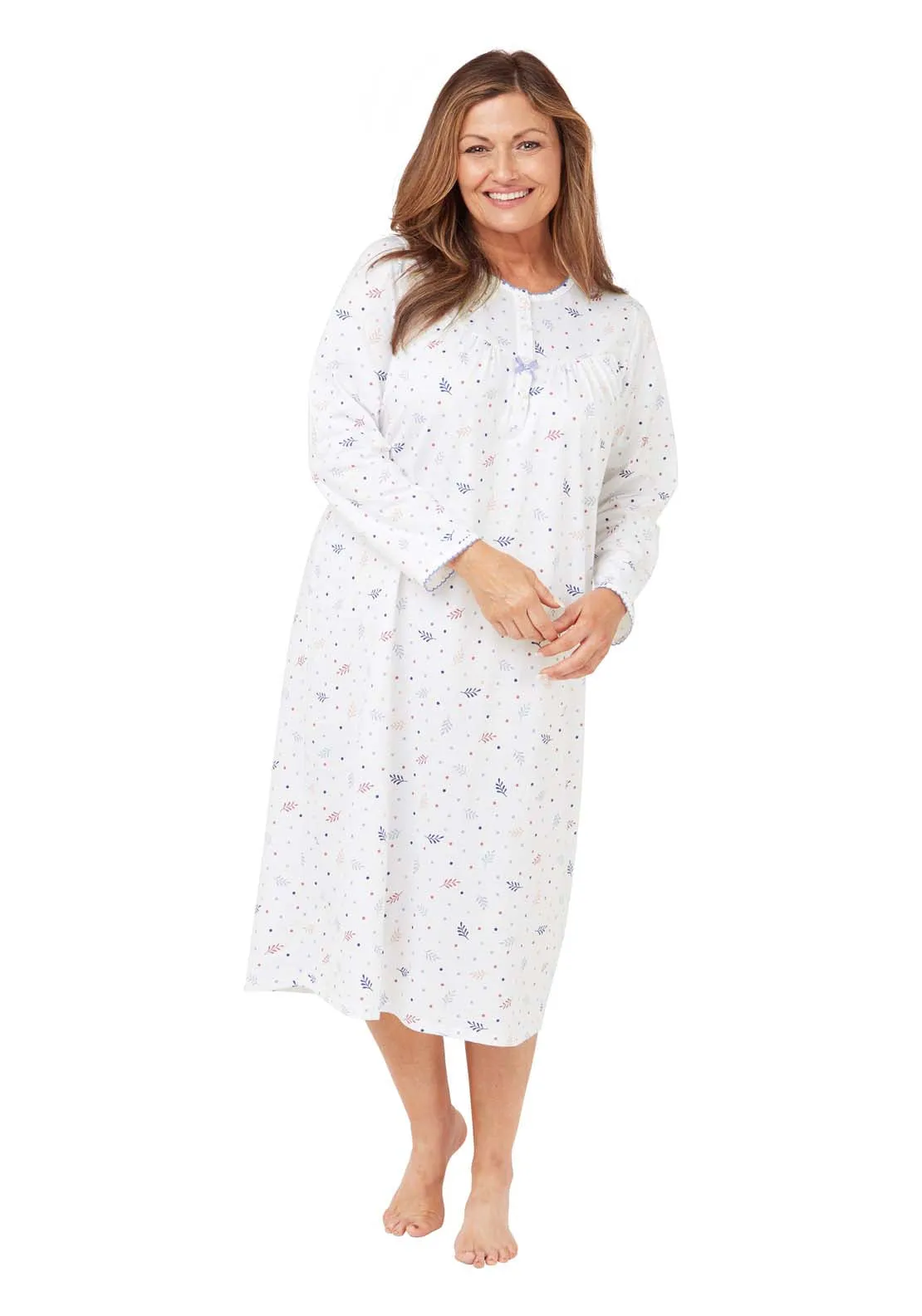 Long Sleeve Leaf Cotton Night Dress - Blue