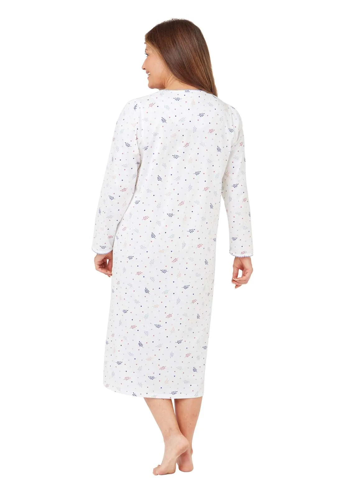 Long Sleeve Leaf Cotton Night Dress - Blue