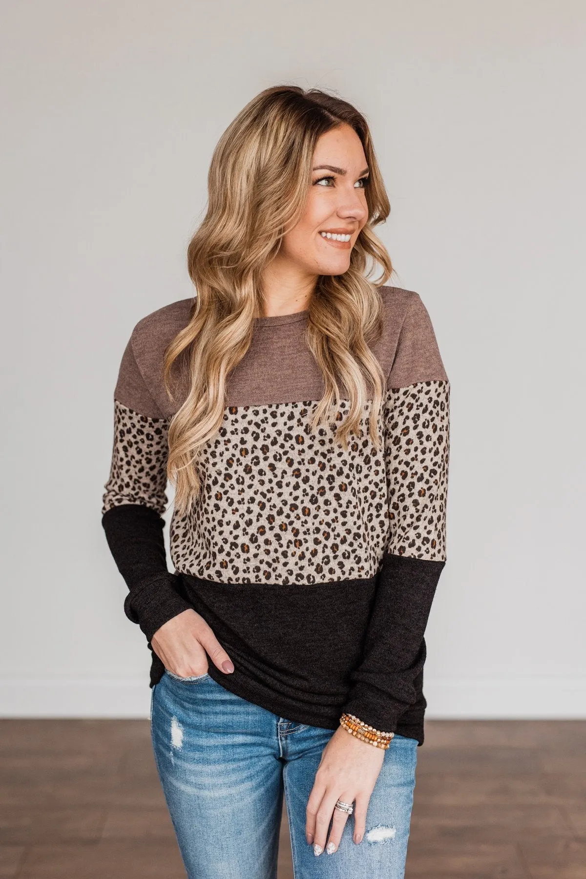 Looking Alive Long Sleeve Top- Mocha & Black