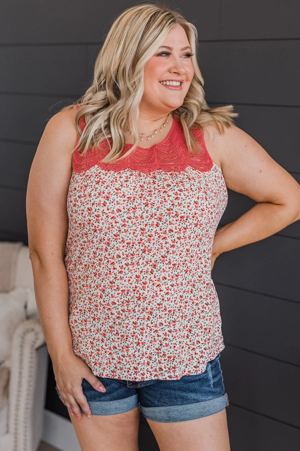 Maybe Someday Floral Lace Tank Top- Ivory & Coral