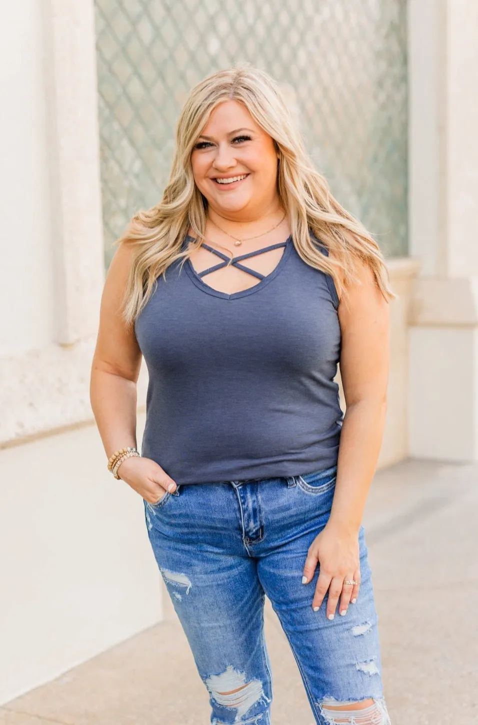 Meant What I Said Criss-Cross Tank- Navy