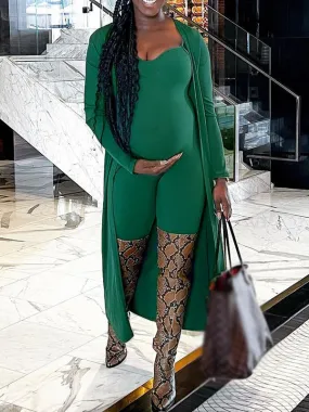 Momnfancy Green Two Piece Spaghetti Straps 2-in-1 Tight Outfit Fashion Daily Going Out Jumpsuit With Cardigan