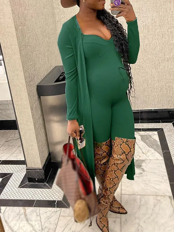 Momnfancy Green Two Piece Spaghetti Straps 2-in-1 Tight Outfit Fashion Daily Going Out Jumpsuit With Cardigan