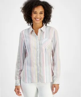 Nautica Jeans Women's Cotton Dobby-Striped Roll-Tab Shirt