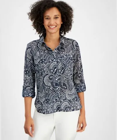 Nautica Jeans Women's Cotton Paisley-Print Roll-Tab Shirt