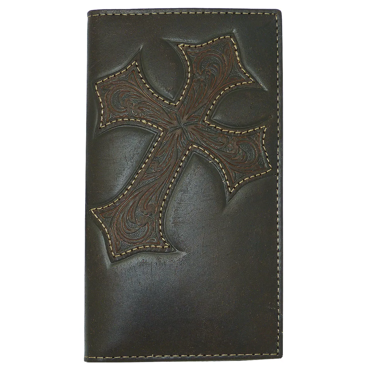 Nocona Western Leather Mens Wallet Checkbook Cover Rodeo Dark Brown w/ Diagonal Cross N5487044