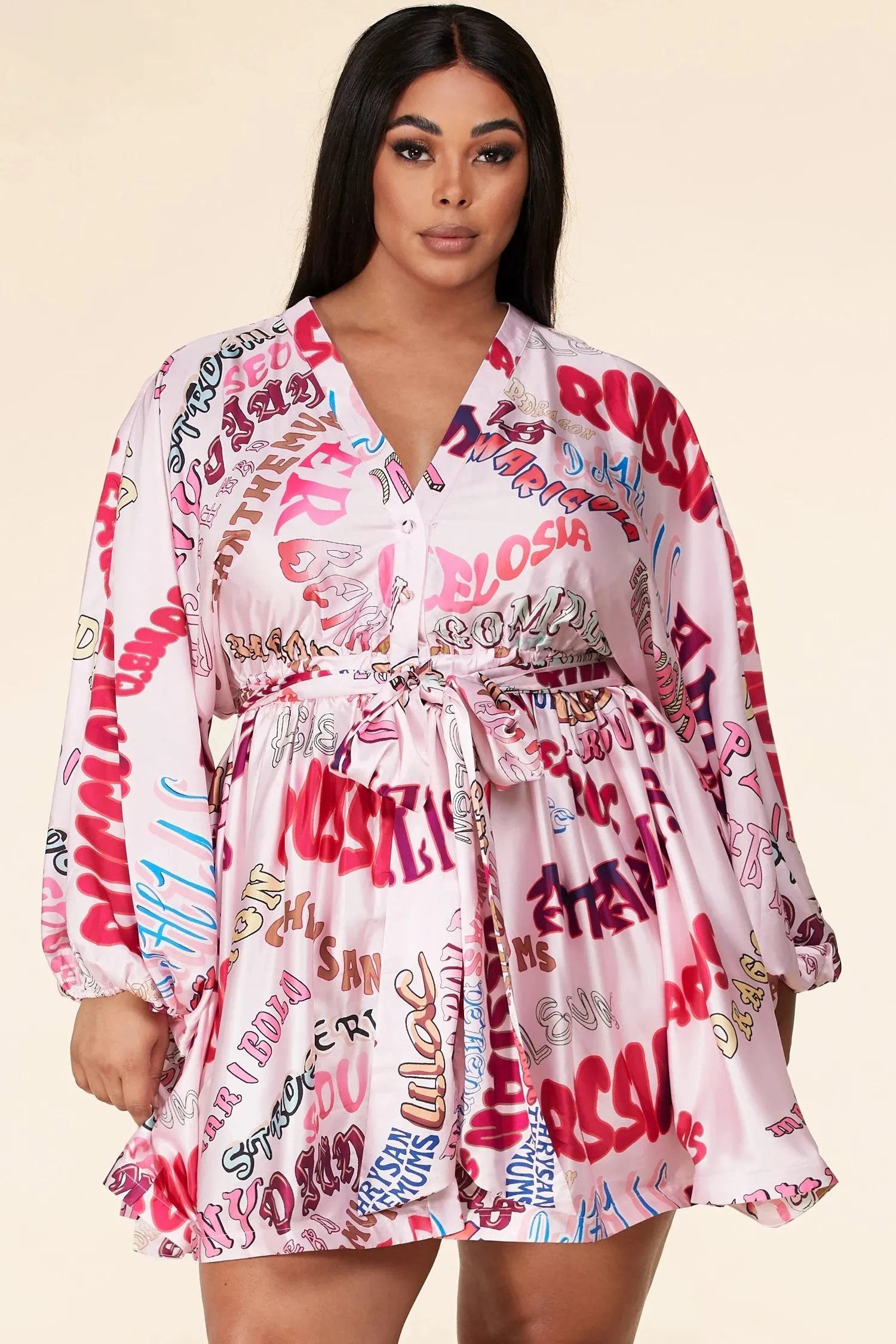 Plus-Size Pink Pop Long Sleeve Graphic Print Mini Dress