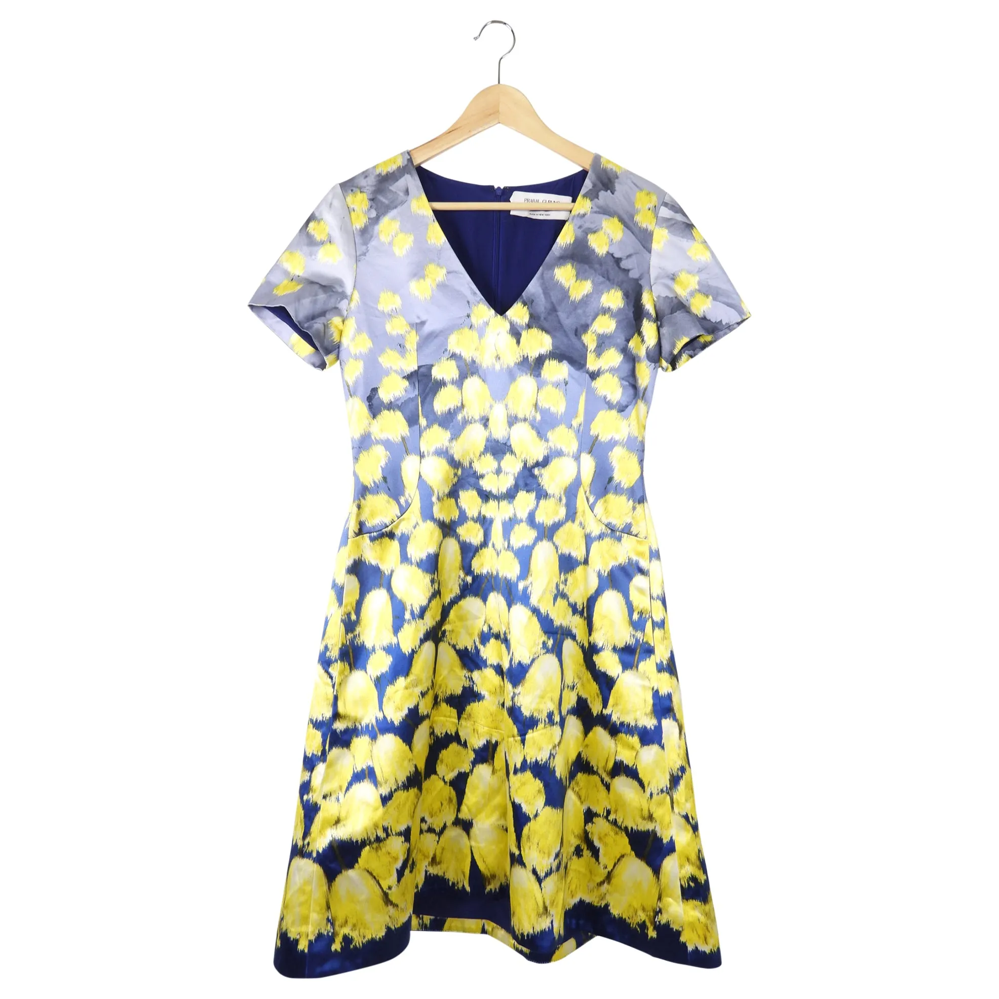 Prabal Gurung Yellow and Navy Satin Floral Dress - 8