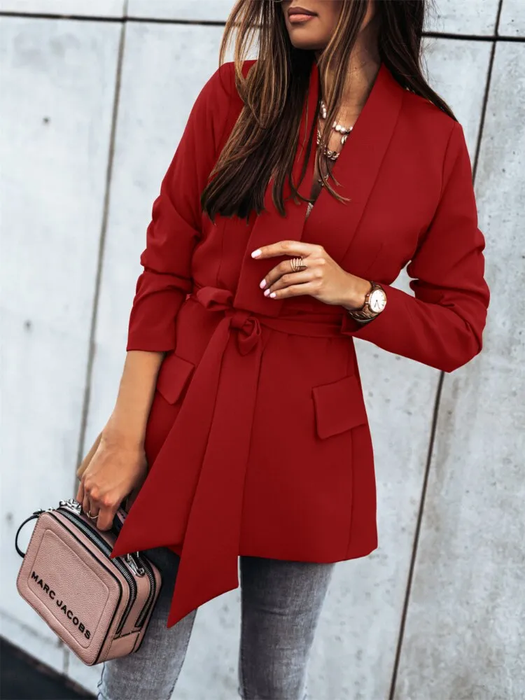 Retro Commuter Lapel Button Lace Up Suit Coat Temperament Casual Windbreaker Women Blazer