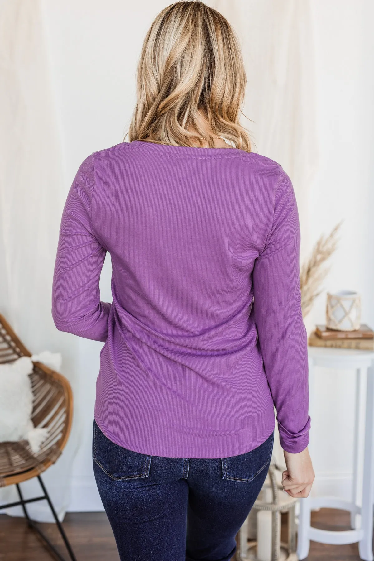 Rise To The Top Long Sleeve Henley Top- Purple