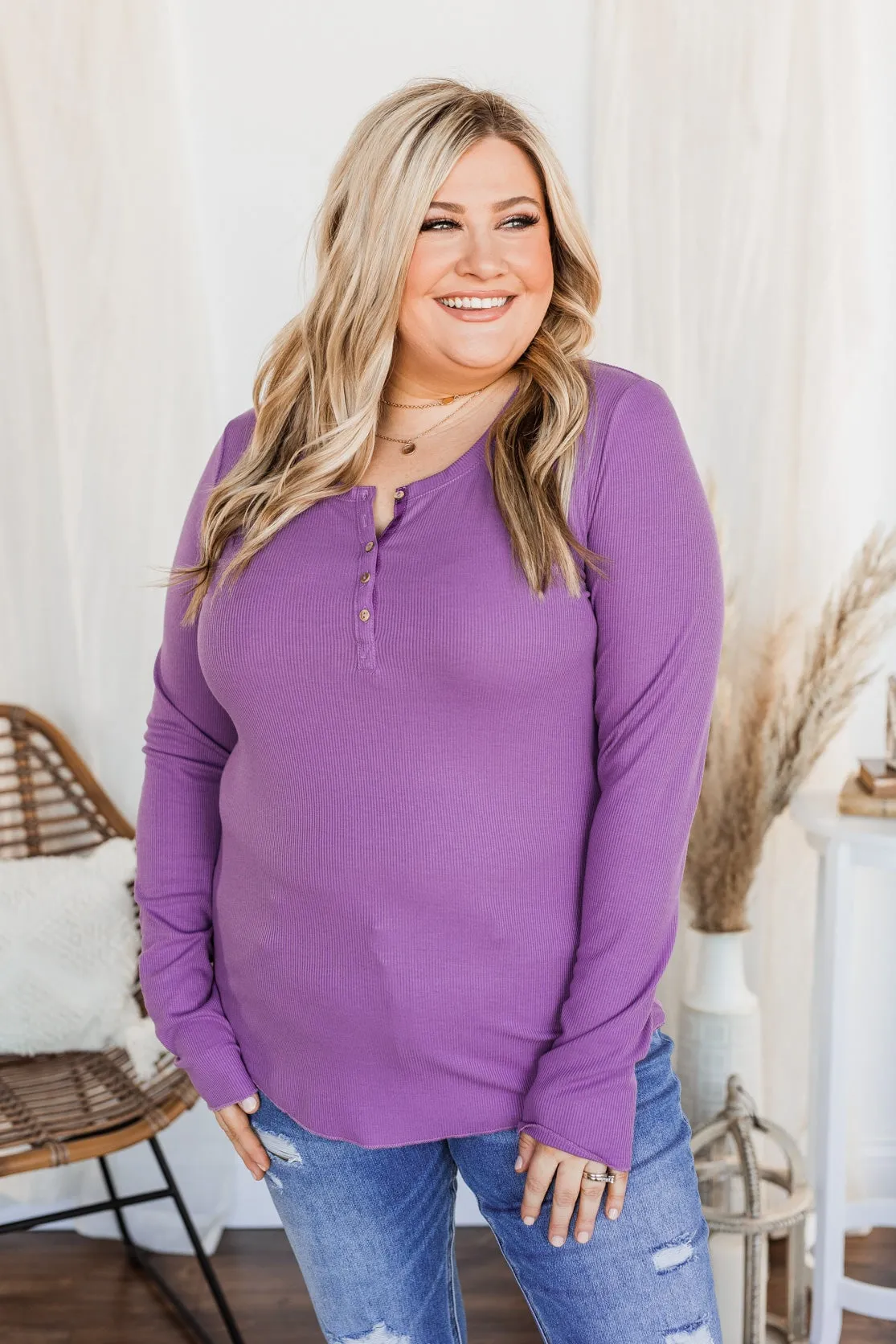 Rise To The Top Long Sleeve Henley Top- Purple