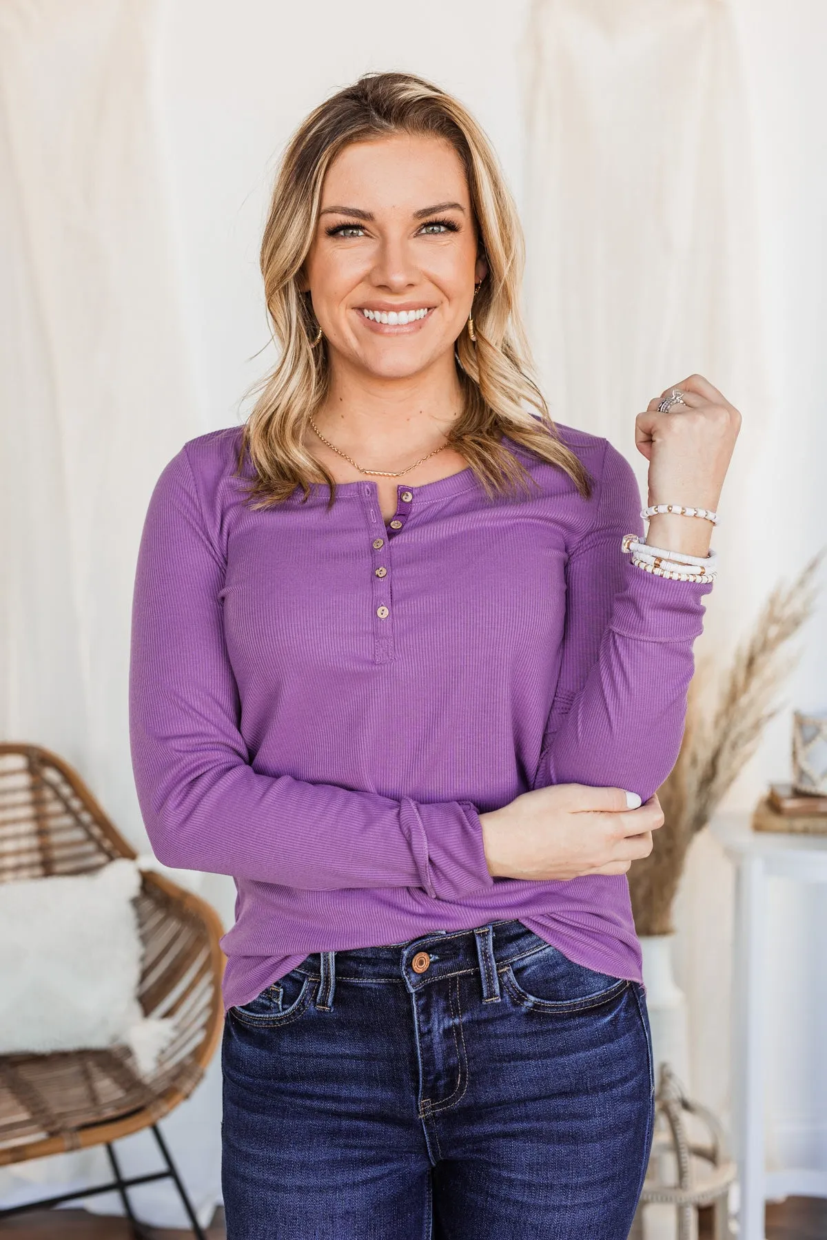 Rise To The Top Long Sleeve Henley Top- Purple