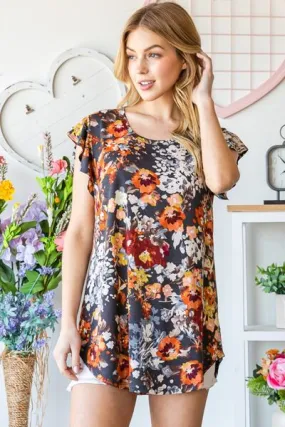 Ruffled Floral Round Neck Cap Sleeve Blouse