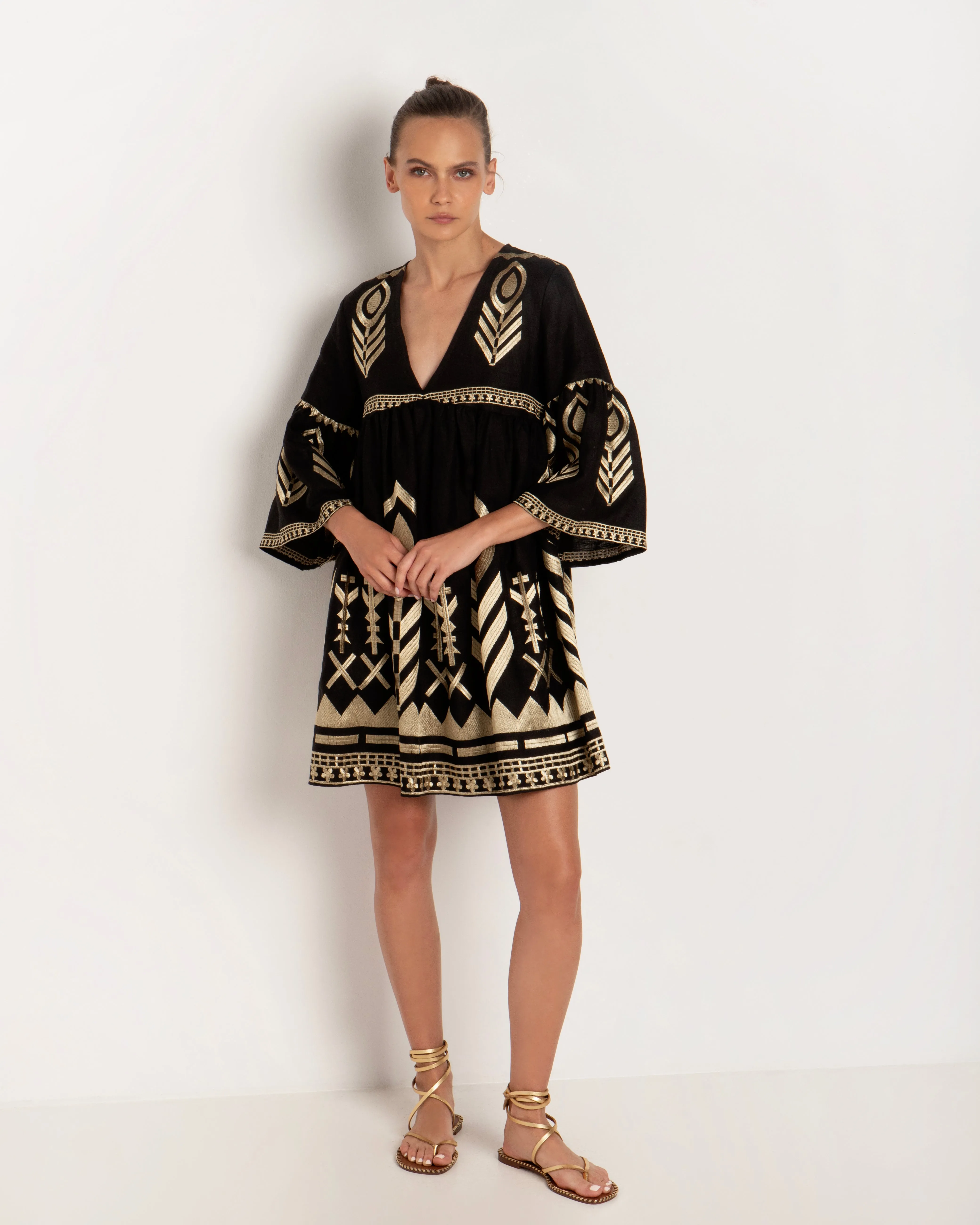 SHORT BELL SLEEVE FEATHER DRESS