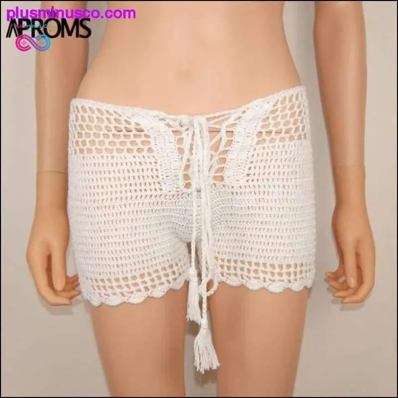 Shorts Summer Lace Up Mid Elastic Boho White Knitted Crochet