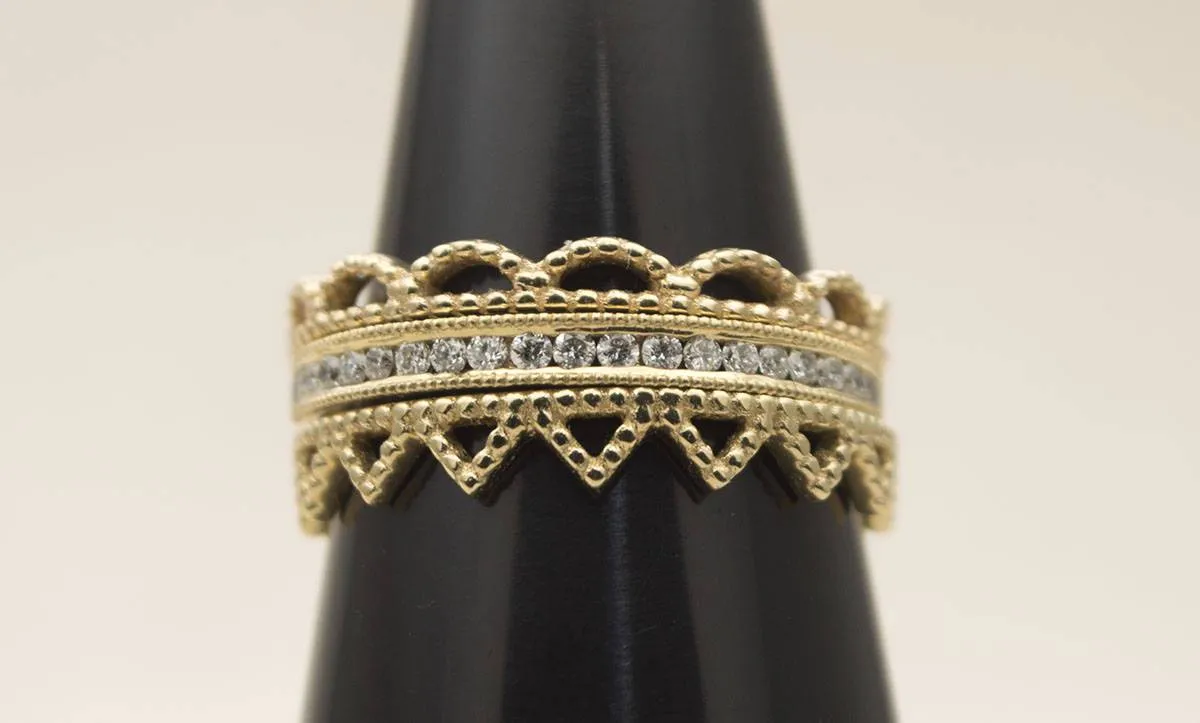 Solid 14K Gold Crown Wedding Band Stacking Ring Stackable Lace Full Eternity AD1143