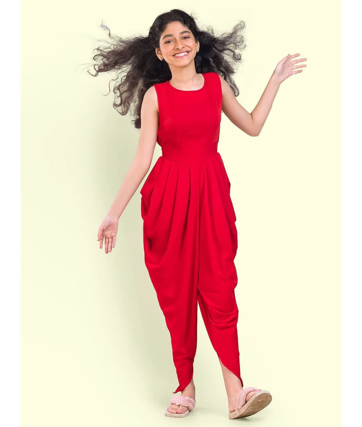 Solid Elasticated Dhoti Jumpsuit for Girls