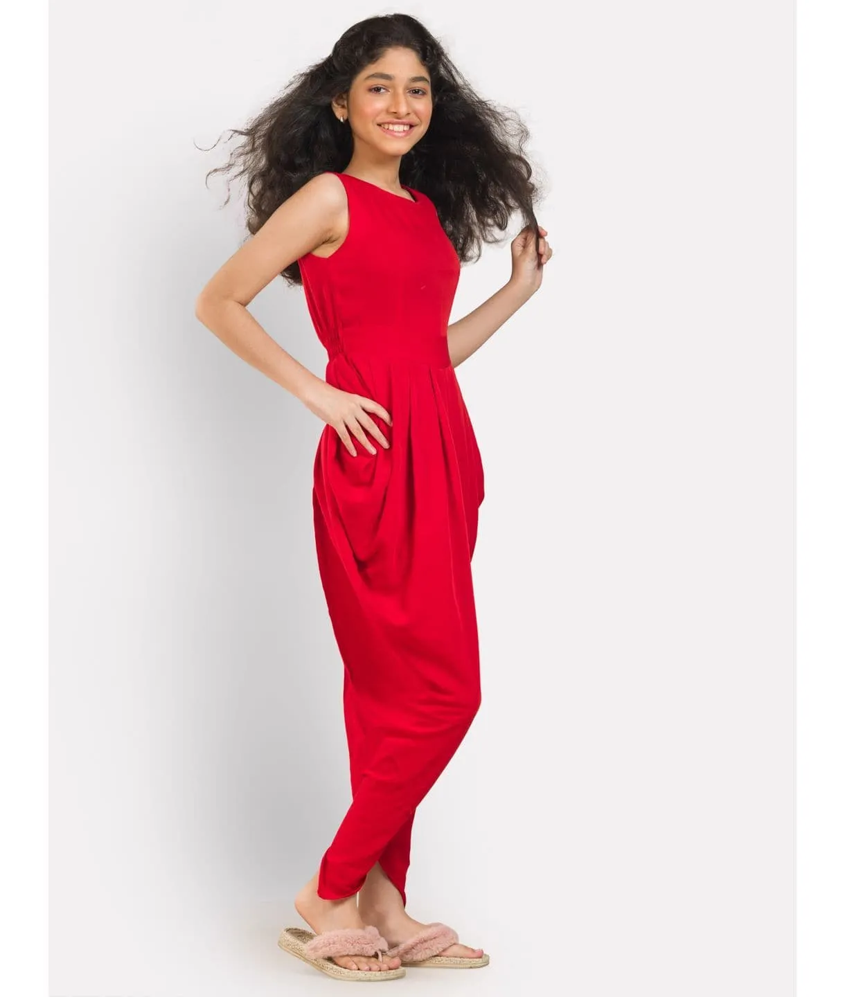 Solid Elasticated Dhoti Jumpsuit for Girls