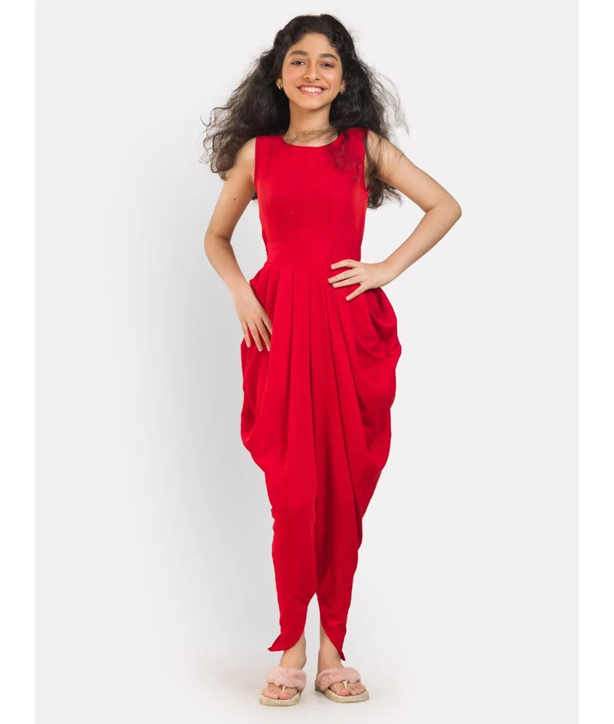 Solid Elasticated Dhoti Jumpsuit for Girls