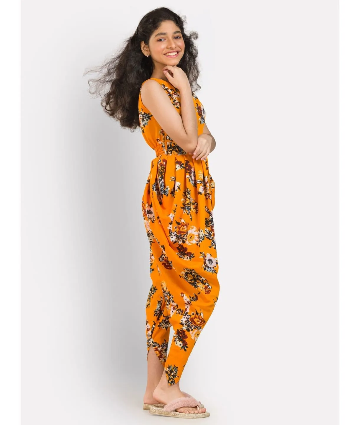 Solid Elasticated Dhoti Jumpsuit for Girls