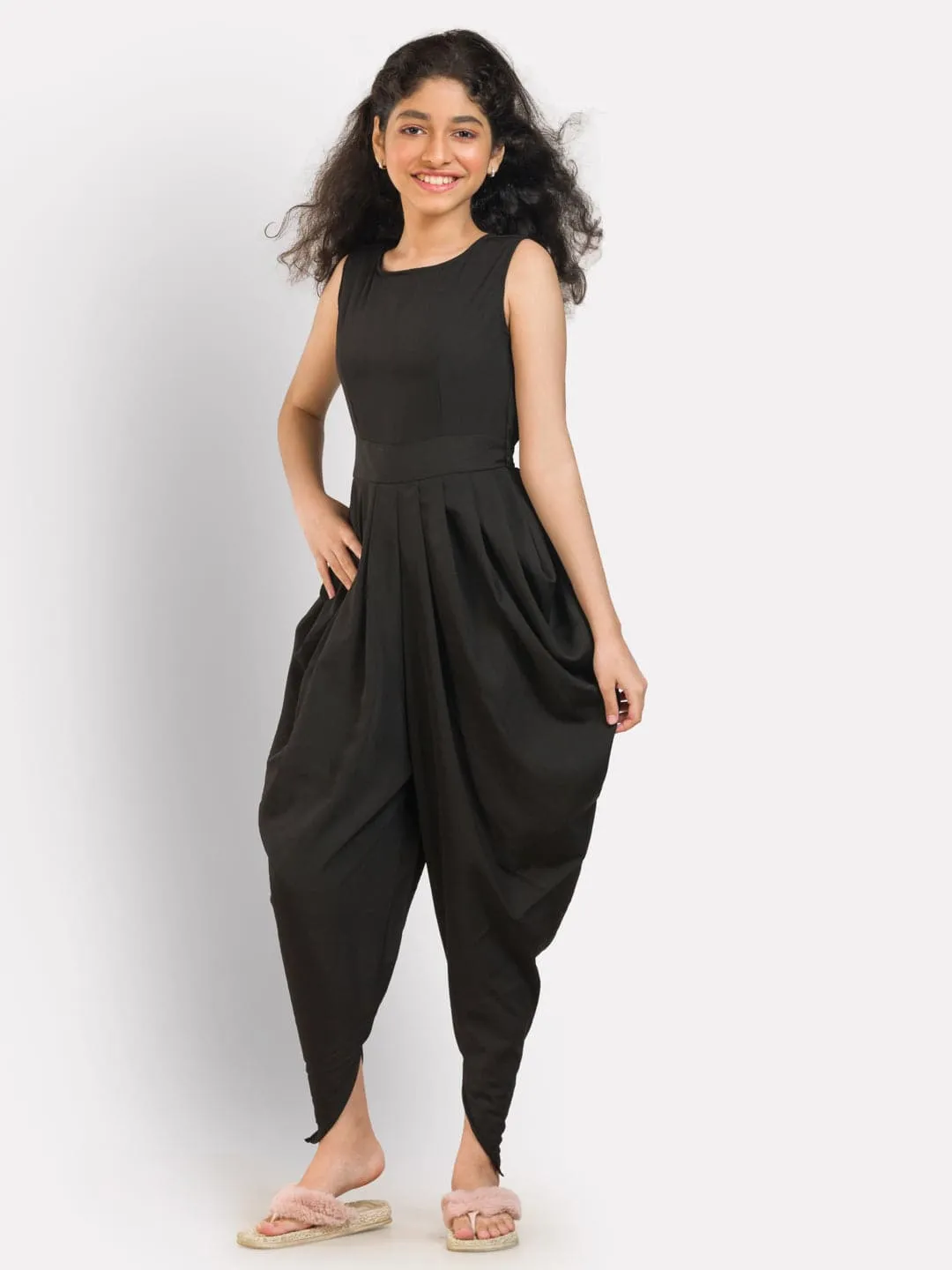 Solid Elasticated Dhoti Jumpsuit for Girls