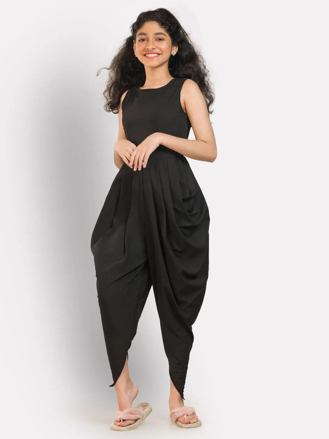 Solid Elasticated Dhoti Jumpsuit for Girls