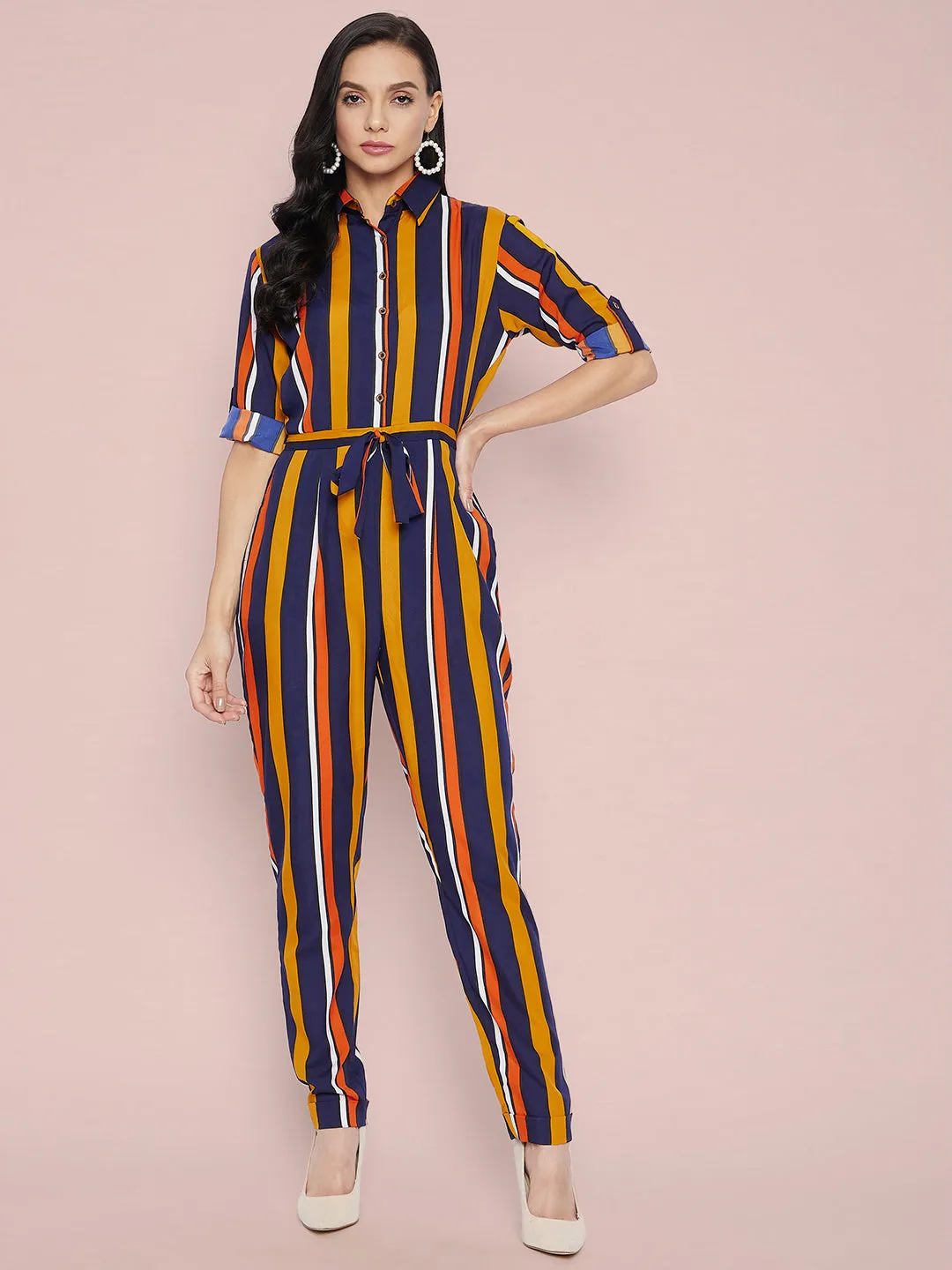 Striped Roll Up Jumpsuit