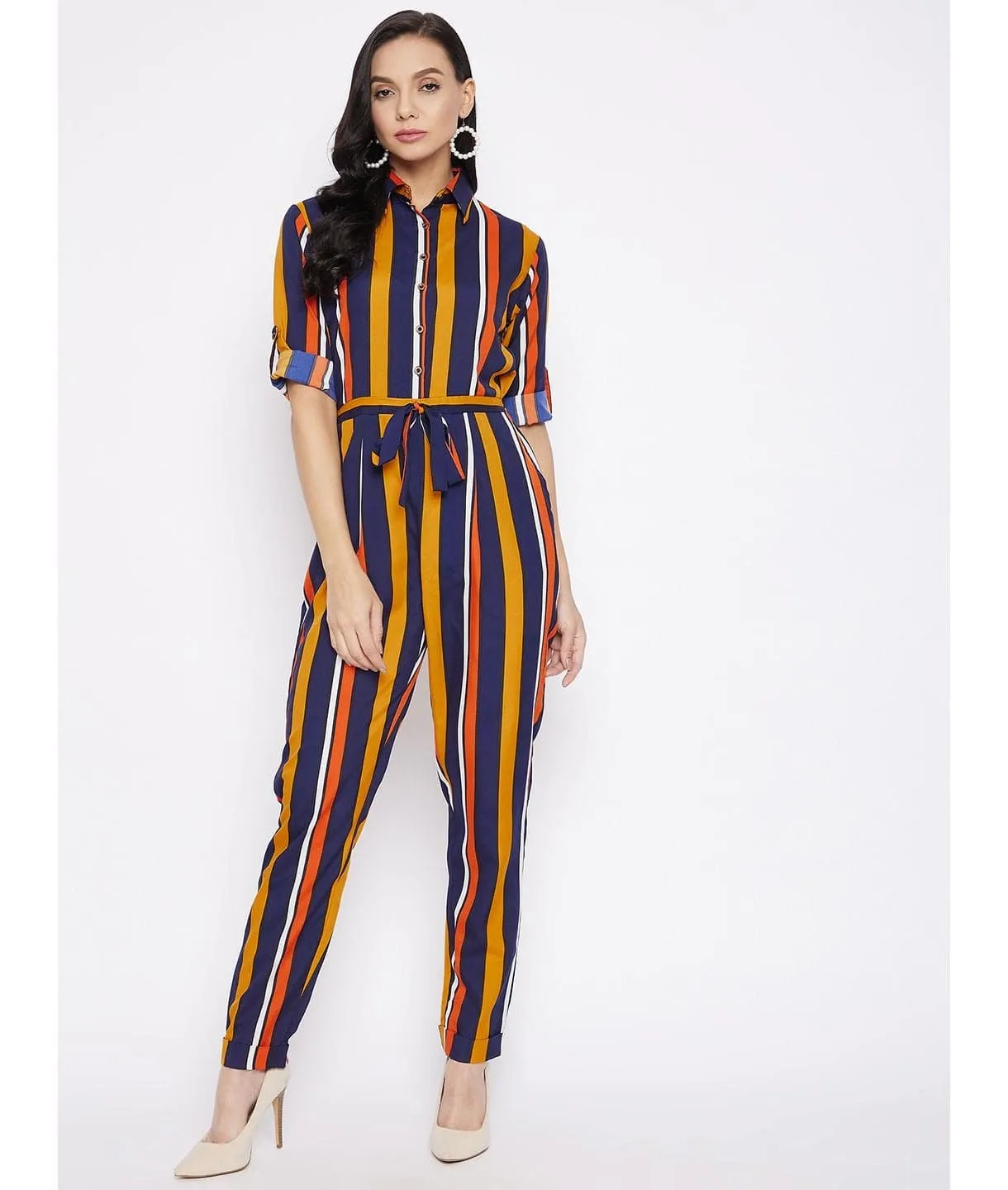 Striped Roll Up Jumpsuit