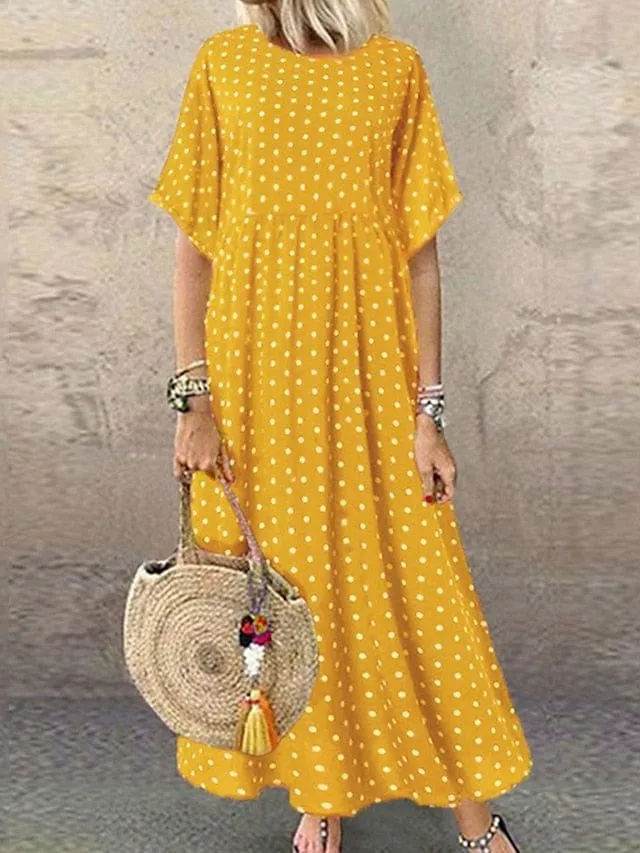 Stylish Polka Dot Maxi Dress for Women in Green, Blue, and Yellow - Elegant and Versatile with Short Sleeves