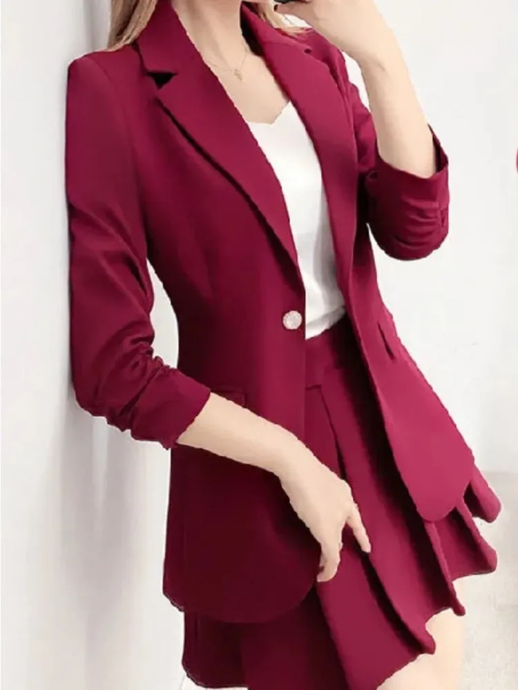 Temperament Small Coat Pleated 2-piece Set Formal Skirt Suits for Women