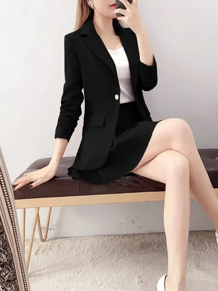 Temperament Small Coat Pleated 2-piece Set Formal Skirt Suits for Women