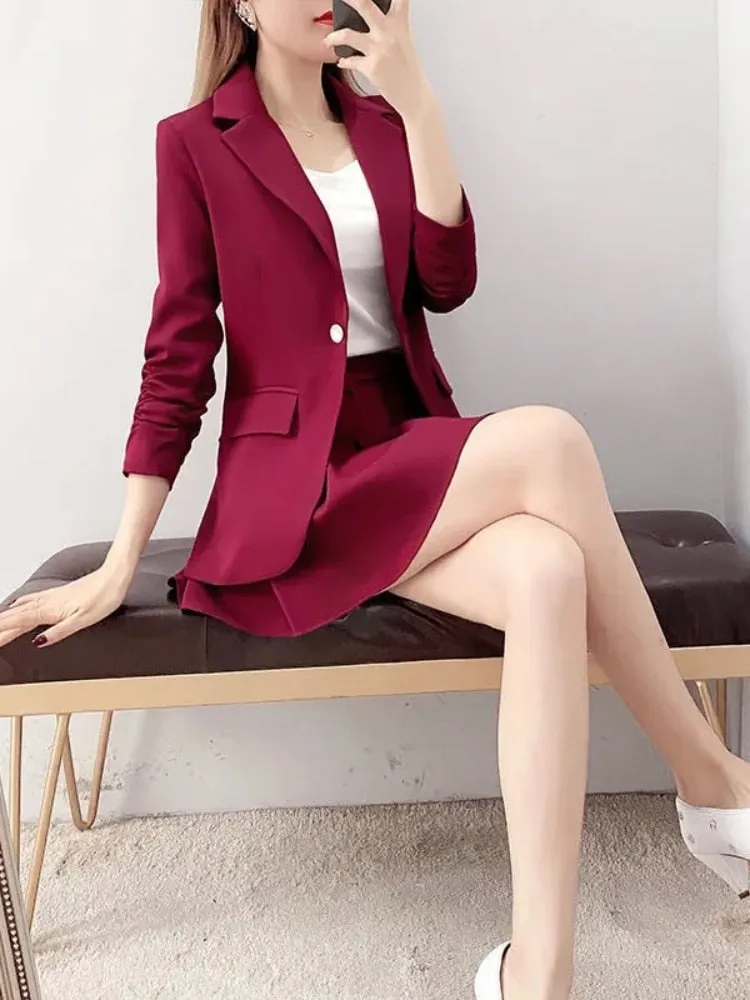 Temperament Small Coat Pleated 2-piece Set Formal Skirt Suits for Women