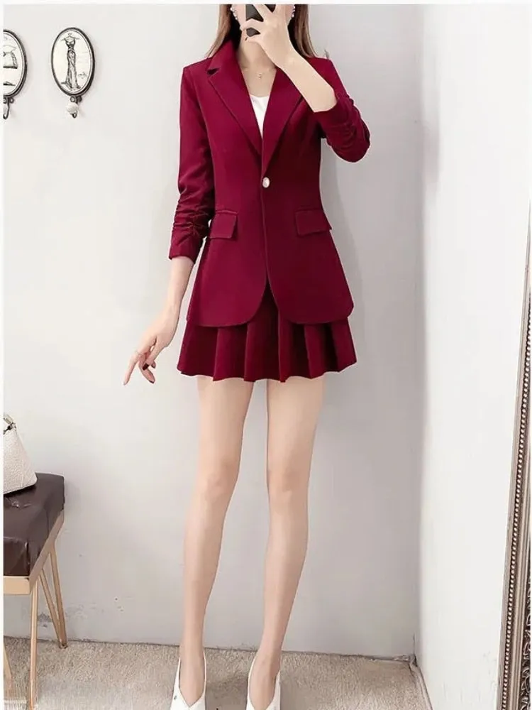 Temperament Small Coat Pleated 2-piece Set Formal Skirt Suits for Women