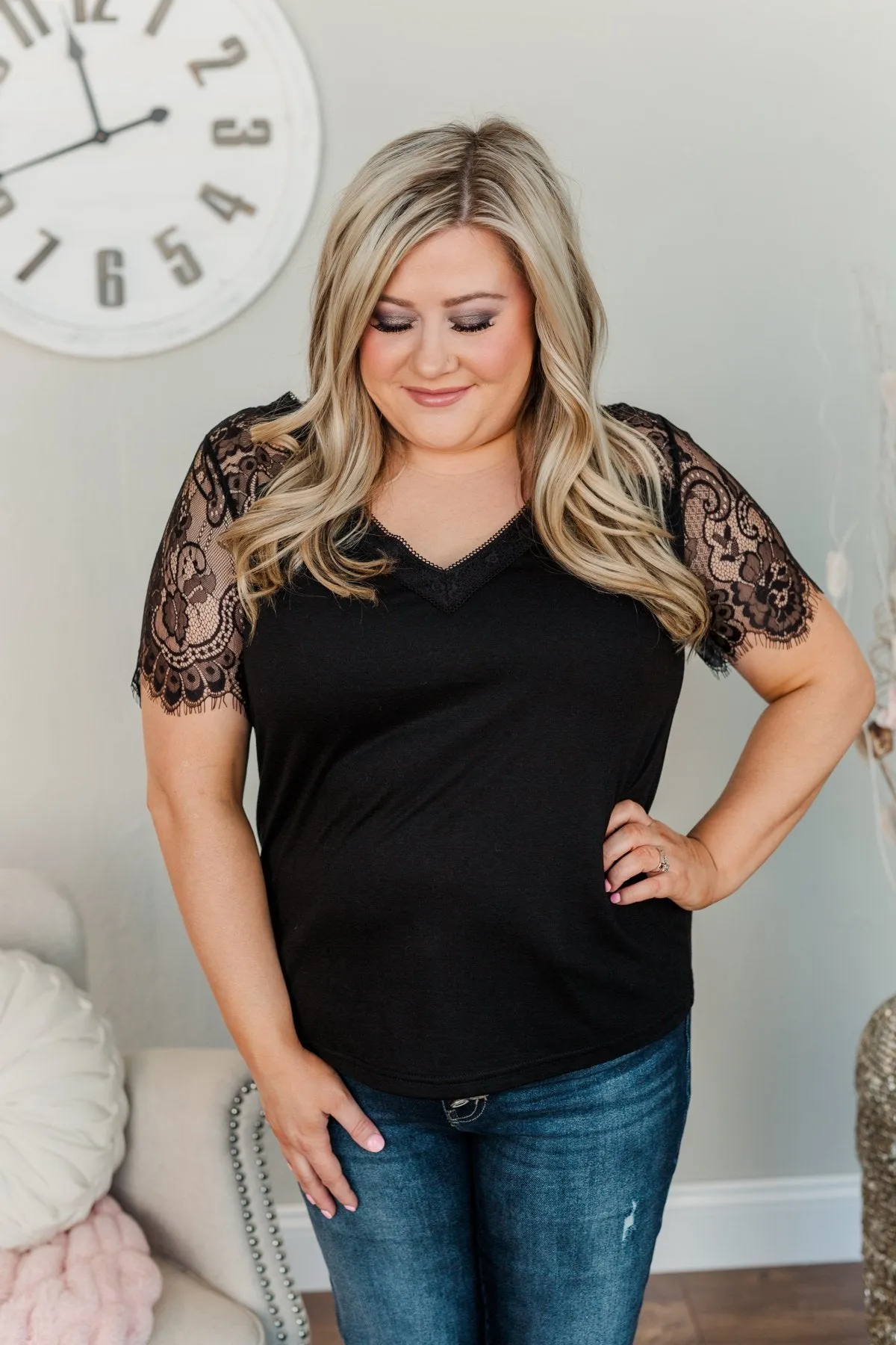 Under The Night Sky Lace Trim Top- Black